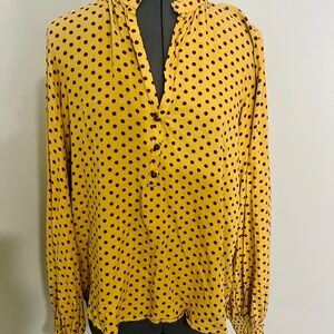 Maeve Anthropologie Polka Dot Ruffle Trim Peasant Blouse Mustard & Burgundy Sz L
